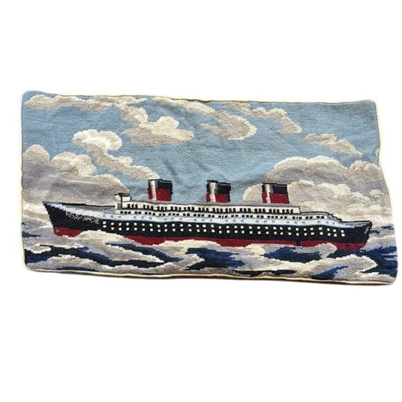 Vintage Wool Needlepoint Normandie Nautical Them Decorative Pillow 15Hx28Wx5D - Picture 3 of 11